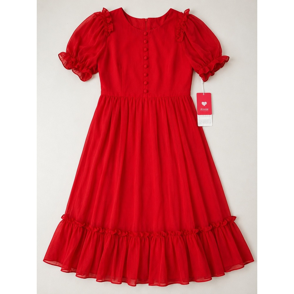 NWT JJ's House Red Chiffon Ruffle Holiday Christmas  Puff Sleeve Formal‎ Party